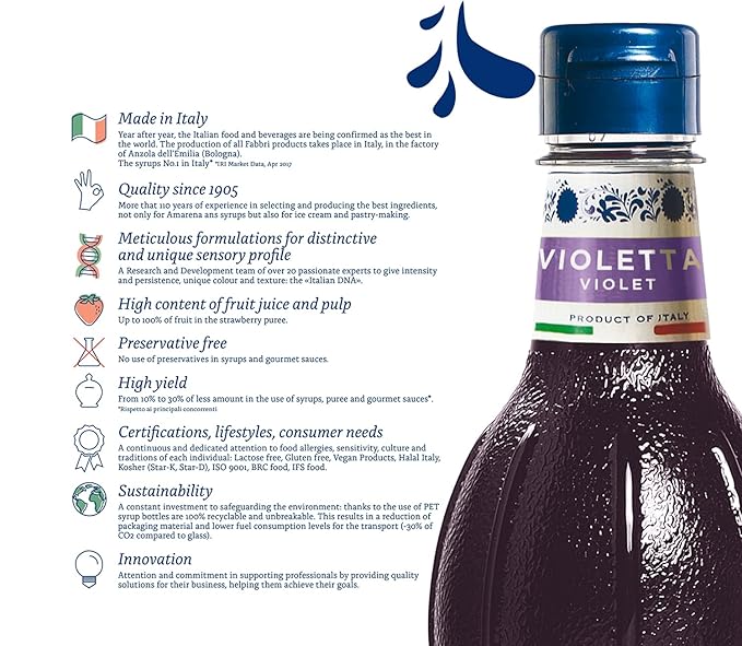 Fabbri Flavoring Syrup, Violet, Made in Italy, 33.8 Ounce (1 Liter)