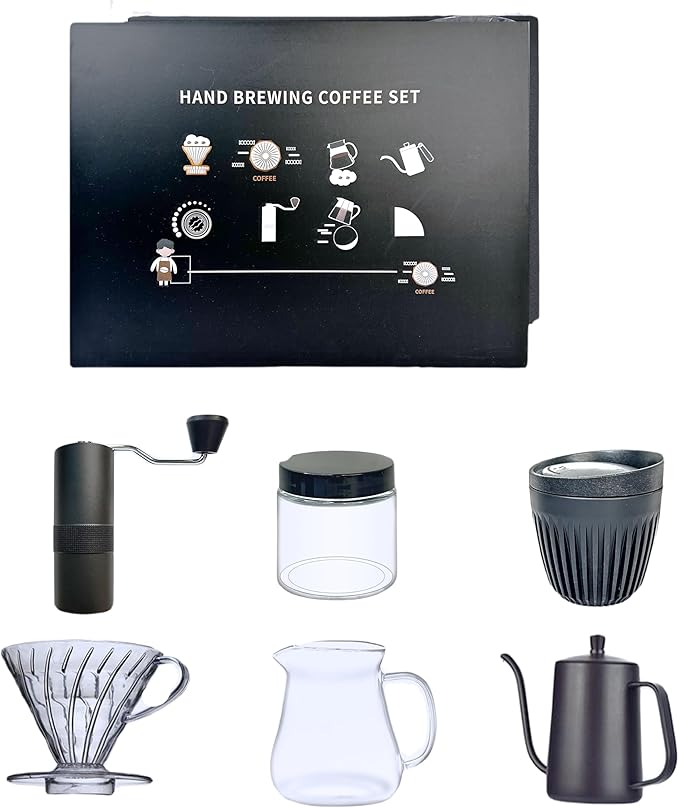 DS&DV Coffee Maker Set,Incl,Conical Filter Cup, Server, Pour Over Kettle, Cup, Manual Grinder,Hand Brewing for Camping and Traveling Personal Bar (6 in 1 Coffee Makers)