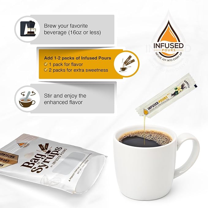 Single Serving Syrup Packets, Variety Pack, for Coffee and Cocktails - Flavors (10 Each): Vanilla, Caramel, Hazelnut - 6mL Each, 30 Count - Bag of Syrups by Infused Pours
