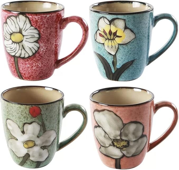 Ceramics 12oz Cappuccino Mug,Coffee mugs,Tea mugs,Kiln Glazing Process,Microwave and Dishwasher Safe, Perfect For Tea, Espresso, Latte - Porcelain Mugs for Kitchen or Cafe (Red+Blue+Green+Pink)
