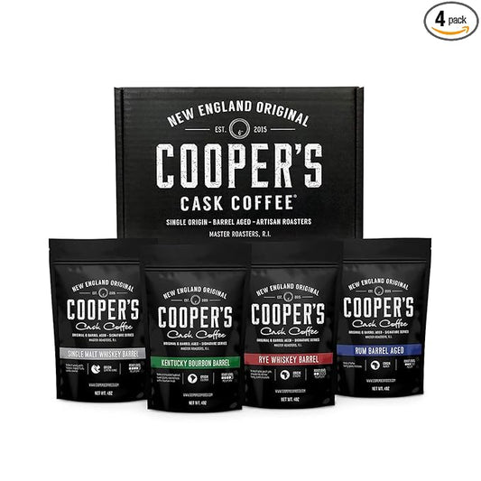 Bourbon & Whiskey Barrel Aged Coffee Box Set - 4-Bag Roasted Coffee Sampler- Bourbon Colombian, Malt Whiskey Sumatra, Rye Whiskey Ethiopian, Rum Barrel Rwanda, (Whole Bean, 4 Ounce (Pack of 4))