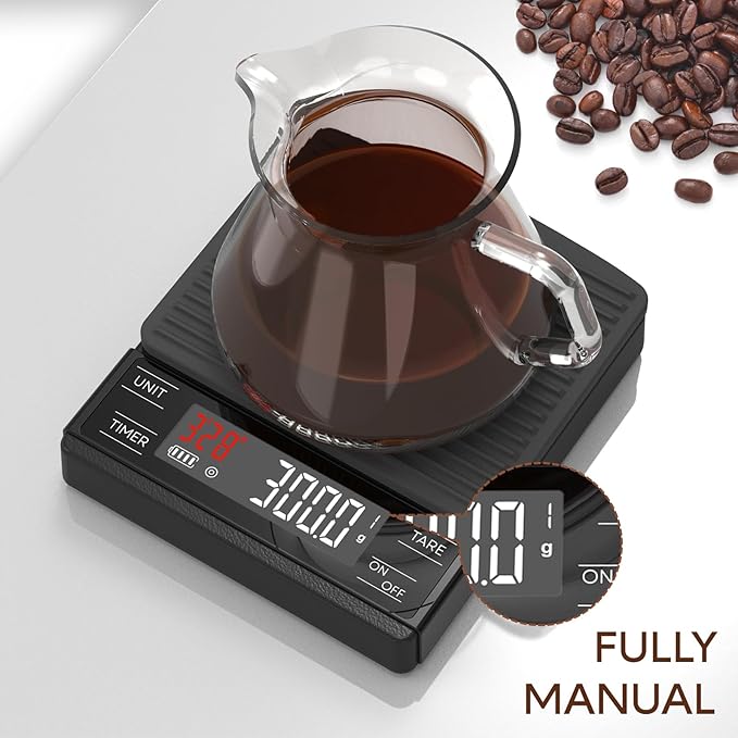MAXUS Coffee Scale with IP65 Waterproof Design, USB Rechargeable 1000mAh Battery, Espresso Scale with Timer 2kg/0.1g High Precision, Ideal for Brewing and Pour-Over Coffee
