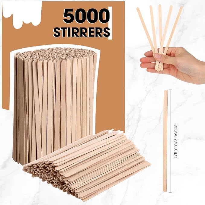 Meanplan 5000 Pcs Wooden Coffee Stirrers Disposable Stir Sticks Birch Wood Coffee Stirring Sticks Bar Long Cocktail Drink Stirrers with Round Ends for Hot Chocolate Tea Beverages (7 Inch)