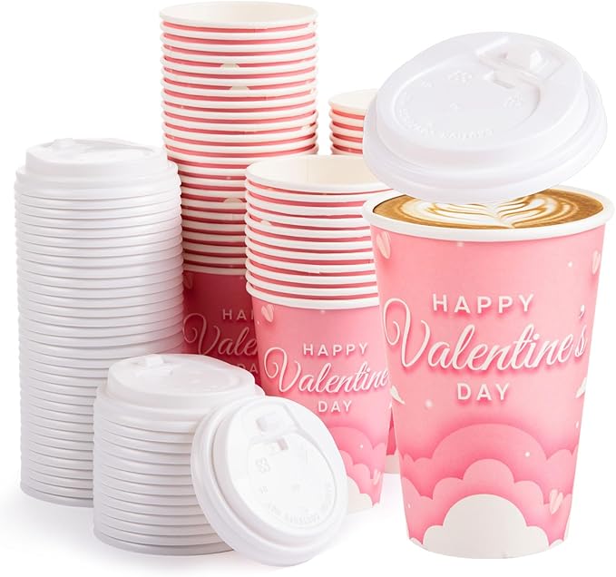 FOBSME 50 Pcs Valentine Disposable Coffee Cups With Lids 12oz Pink Cloud Heart Paper Cups Happy Valentine’s Day Drinking Cups for Wedding Anniversary Party Supplies