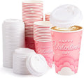 FOBSME 50 Pcs Valentine Disposable Coffee Cups With Lids 12oz Pink Cloud Heart Paper Cups Happy Valentine’s Day Drinking Cups for Wedding Anniversary Party Supplies