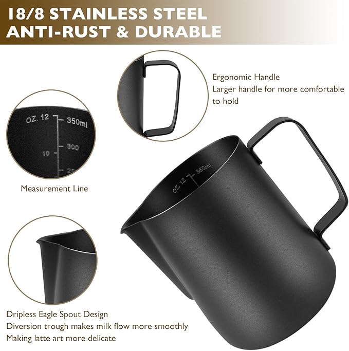 CAMKYDE Stainless Steel Milk Frothing Pitcher 12 oz, Espresso Steaming Pitcher with Decorating Pen for Espresso Machines, Cappuccino, Latte Art (Matte Black)