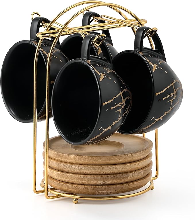 LUKA Ceramic Demitasse Espresso Cups Set with Saucers and Metal Stand, 8 oz Porcelain Stackable Cappuccino Cups Teacup For Tea, Espresso, Latte, Coffee, Cafe Mocha, Set of 4, Black