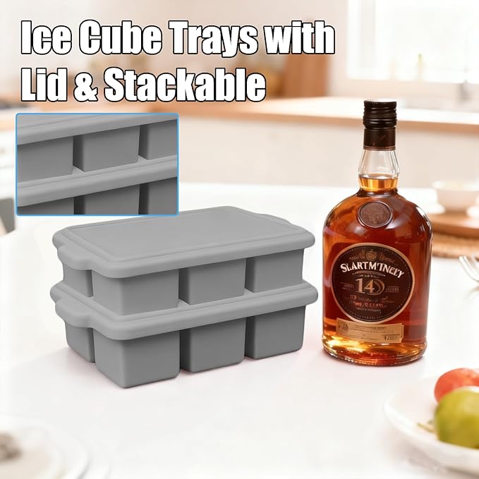 Silicone Ice Cube Tray with Lid 8-Cavity Reinforced Steel Frame Ice Cube Trays Easy Release BPA-Free Makes 3 Large Square & 5 Small Rectangular Ice Trays for Cocktails Whiskey Coffee,Pink