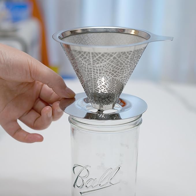 Reusable Stainless Steel Pour Over Drip Coffee Filter for Mason Jars,Fits Wide Mouth & Regular Jars, Manual Brew Coffee Dripper,No Paper Filters Needed,Rustproof,Dishwasher Safe