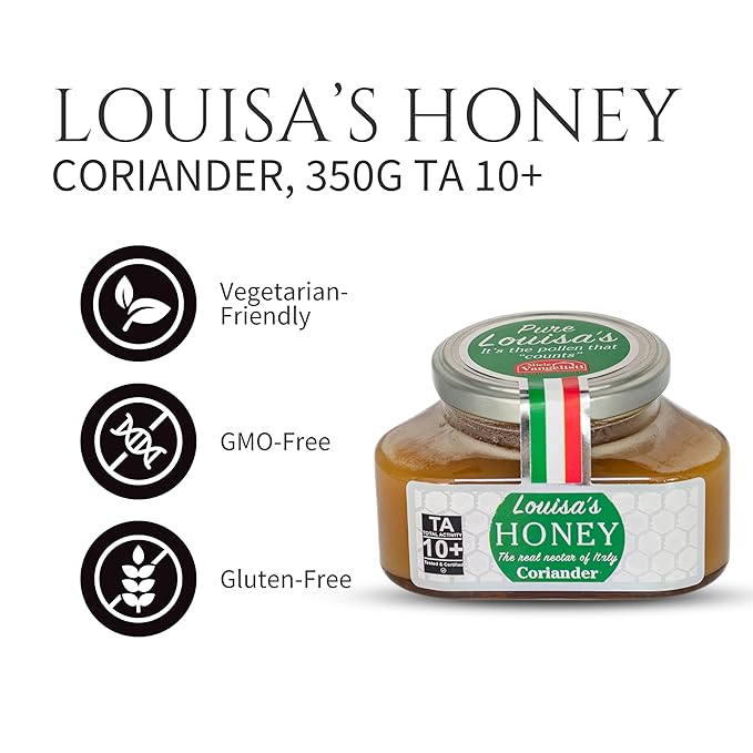 Louisa's Coriander Honey | Award-Winning Italian Raw & Pure Honey | TA 10+ (MGO 263+) | 100% Traceable | Sustainably Sourced | GMO, Gluten & Allergen Free | 350g