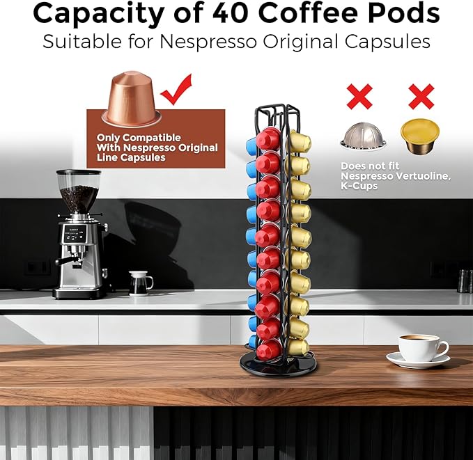 Coffee Pod Holder Compatible with Nespresso Original – 40 Pod Carousel Storage Stand, 360° Rotating Coffee Capsule Organizer, Space-Saving Countertop Holder for Coffee Lovers (Black)