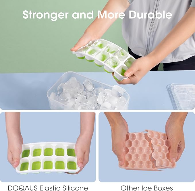 DOQAUS Ice Cube Tray with Lid and Bin - 4 Pack Silicone Ice Cube Trays for Freezer, Stackable Ice Bucket Kits with Storage Container & Scoop for Kitchen, RV, Cocktail, Coffee