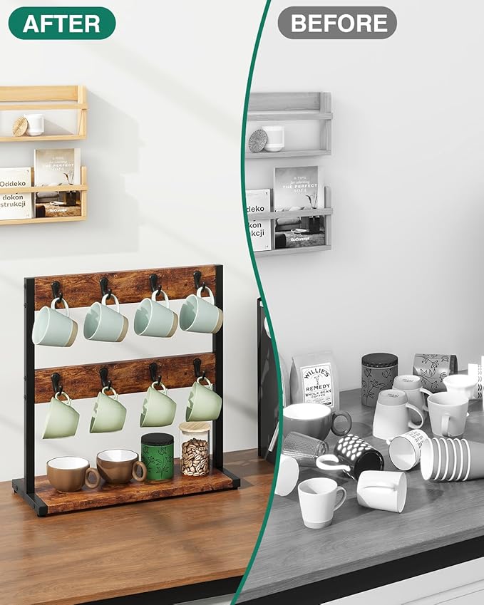 IBUYKE Wood Coffee Mug Holder for Countertop,16 Hook Mug Tree Holder Rack with Storage Base,Mug Display Organizer,Mug Holders for Home Kitchen, Rustic Brown UTBJ001H