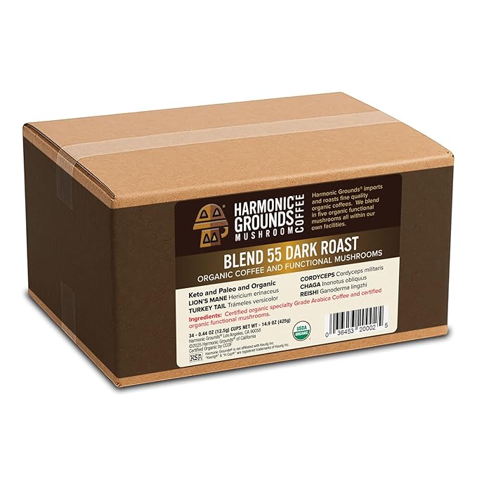 Harmonic Grounds Organic Mushroom Coffee Pods - Dark Roast Coffee with Lion's Mane, Reishi, Chaga, Cordyceps & Turkey Tail - Compatible with Keurig K-Cup Brewers - 34 Count
