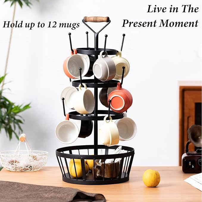 Coffee Cup Tree, Black Metal Coffee Tree Mug Holder, 4 Tiers Cup Trees Stand for 12 Mug Hooks with Storage Basket & Wooden Handle, Mug Rack Countertop for Counter Bar Kitchen