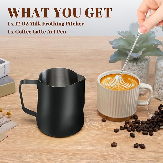 Milk Frothing Pitcher, 12oz Milk Frother Cup with Clear Scale, 304 Stainless Steel Cappuccino Espresso Machine Accessories for Barista Coffee Bar with Latte Art Pen, Black