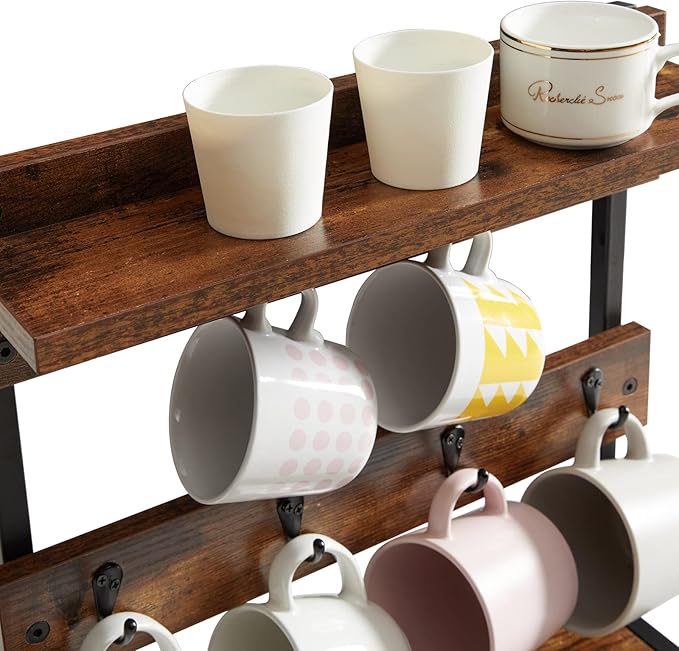 IBUYKE Rustic Coffee Mug Holder Stand, 2 Tier Countertop Mug Tree Holder Rack with Storage Base, Vintage Mug Holders for Kitchen, Holds 8 Mugs, Rustic Brown UTBJ002H