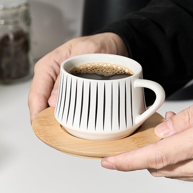 LUKA Ceramic Coffee Espresso Cups with Saucers Set with Metal Holder, 4 oz Porcelain Demitasse Cups For Espresso, Latte, Coffee, Cafe Mocha, Tea, Set of 6, Stripe White & Black