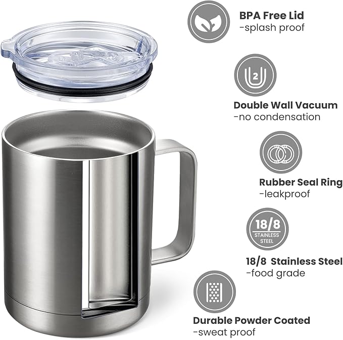 MEWAY 12oz Coffee Mug With Handle,Stainless Steel Insulated Travel Tumblers With Sliding Lid,Double Wall Vacuum Camping Cup for Hot & Cold Drinks Tea (Sliver,Set of 1)