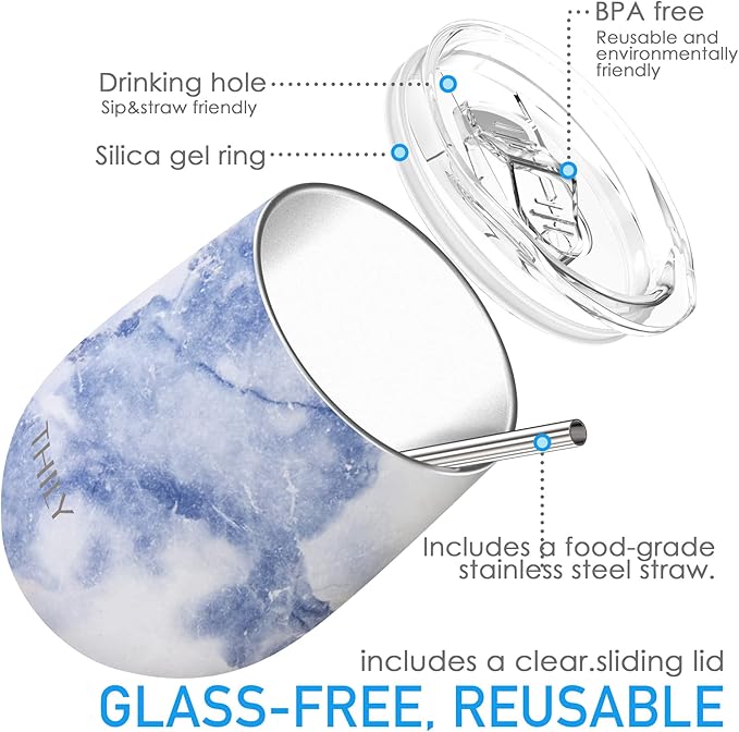THILY Stainless Steel Insulated Wine Tumblers 12 oz Cute Travel Stemless Glasses with Sliding Lids and Metal Straws, Keep Hot or Cold for Wine, Coffee, Juice, 2 Pack(Gold Marble + Blue Marble)