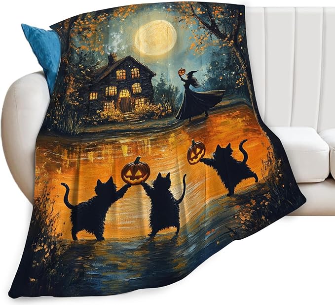 Halloween Cat Blanket, Pumpkin Black Cat Fleece Flannel Throw Blanket, Witch Soft Lightweight Stuff Throws Gifts for Women Men Boys Girls Lovers Adults Lovers Sofa Decor 60"x50"