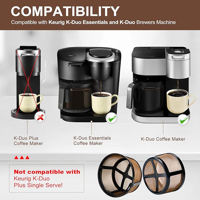 KEEPOW Reusable Coffee Filter Compatible with Keurig K-Duo Essentials and K-Duo Brewers Machine, Gold Tole Mesh Coffee Filter, 8-12 Cup Carafe Basket Coffee Makers Accessories