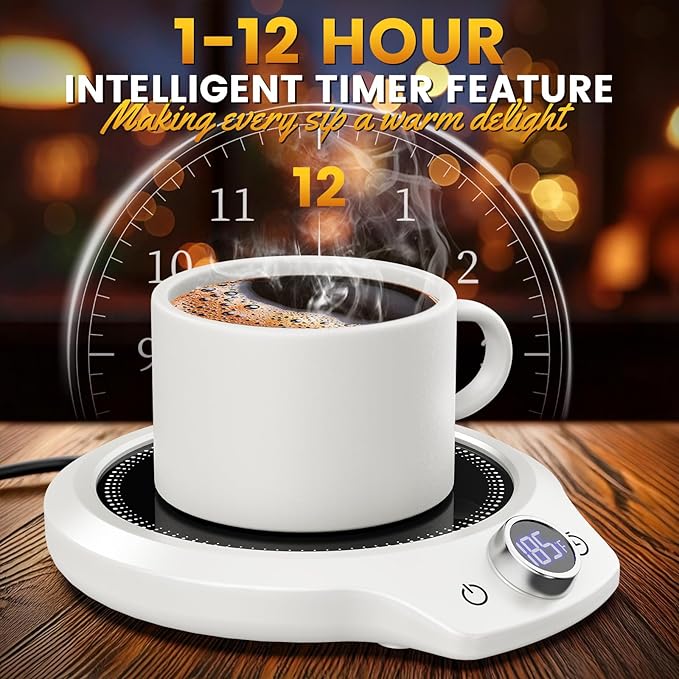 Fast Heating Mug Warmer - 4 Temp Settings & 1-12H Timer, Coffee Cup Warmer Plate for Desk Auto Shut Off, Ideal Beverage Warmer Gift for Coffee, Tea, Milk (White)