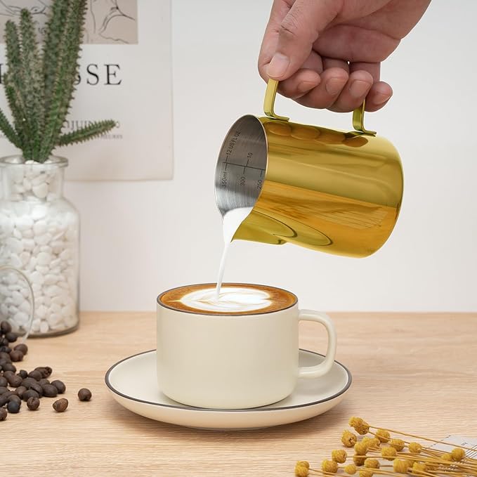 Milk Frothing Pitcher, 12 oz Milk Frother Cup with Clear Scale, 304 Stainless Steel Cappuccino Espresso Machine Accessories for Barista Coffee Bar with Latte Art Pen, Gold