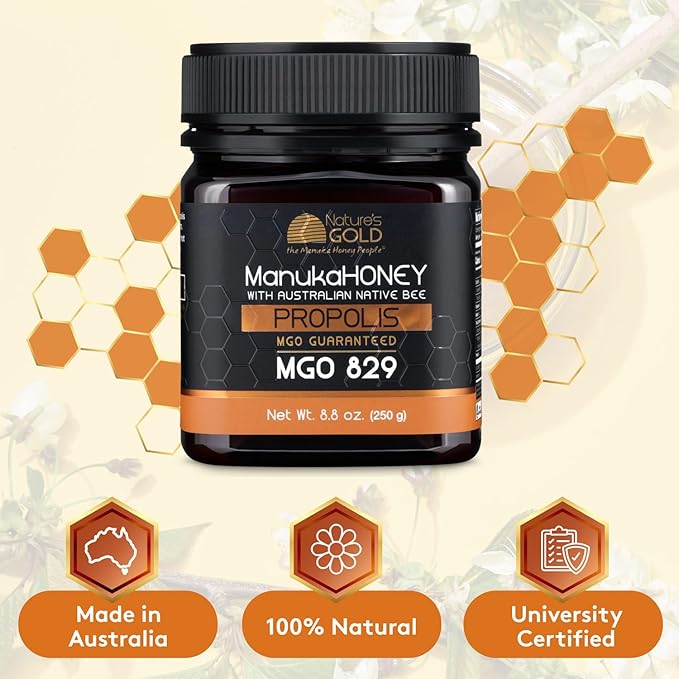 Nature’s Gold Raw Manuka Honey with Australian Native Bee Propolis, MGO 829+ | 8.8oz (250g), 100% Pure Genuine Traceable Hive to Home