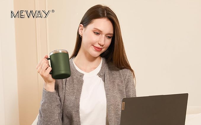 MEWAY 12oz Coffee Mug With Handle and Sliding Lid,Stainless Steel Travel Tumbler Cup with Handle,Double Wall Vacuum Insulated Camping Cup for Hot & Cold Drinks Tea (Army Green,Set of 1