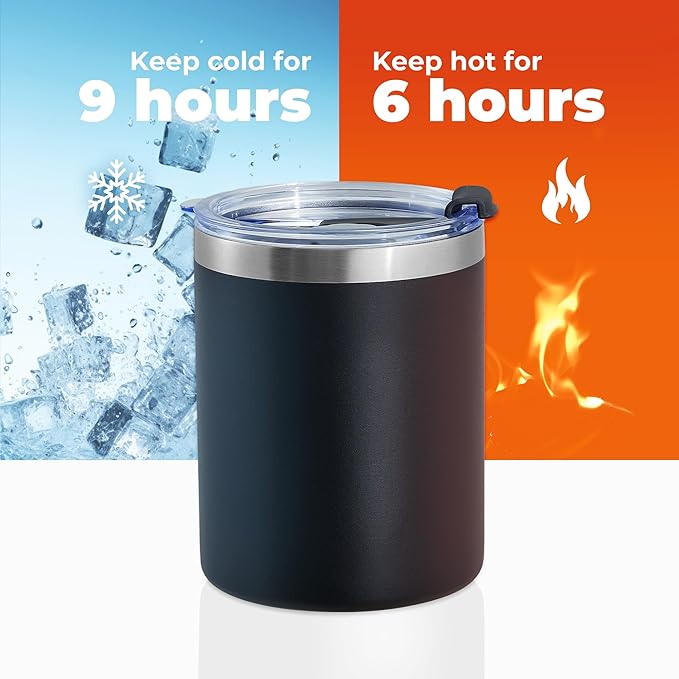 MEWAY 12oz/8Pack Coffee Mug With Lid, Insulated Stainless Steel Reusable Coffee Cup, Double Wall Durable Coffee Mug, Powder Coate，For Coffee, Beer, Home, Office(Black,8 Pack)