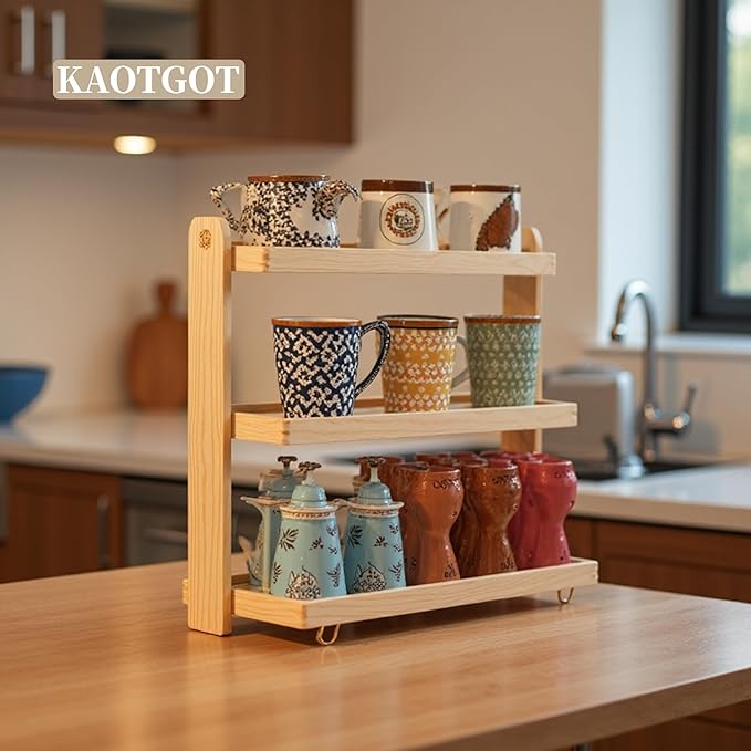 Coffee Mug Holder Wooden Cup Rack,3-Tier Acrylic Home Mug Display Rack for Kitchen Countertops Coffee Beans, Syrup, Cups, Stirrers