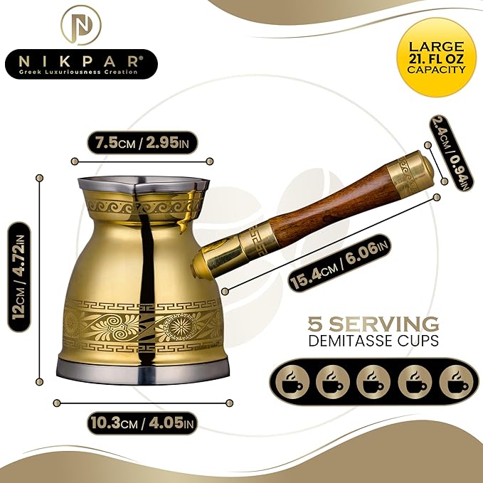 NIKPAR Luxury Greek Coffee Pot Macedonian Collection - Turkish Coffee Pot for Most Type of Stove Top, Arabic Coffee Maker Cezve, Ibrik, Briki with Detachable Handle & Luxury Gift Box (21 oz Large)