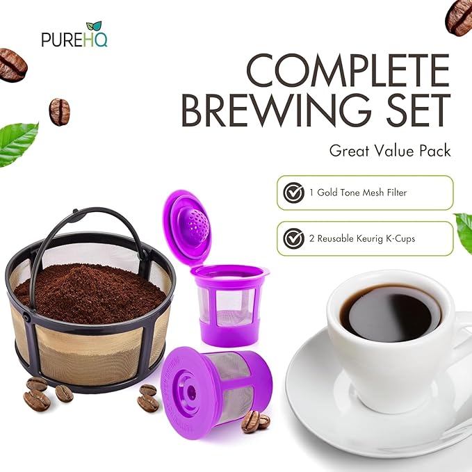 Reusable Mesh Ground Coffee Filter Carafe for Keurig K-Duo Essentials and K Duo Brewers Machine, With 2 Refillable K Cups Pod by PureHQ - Gold Tone Mesh Filter - Value Pack