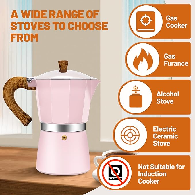 6 Cup Aluminum Espresso Stovetop Moka Pot Express Coffee Maker Percolator Italian Classic Mocha Coffee Machine for Italian and Cuban Cafe Brewing for Home & Camping 300ml 10oz