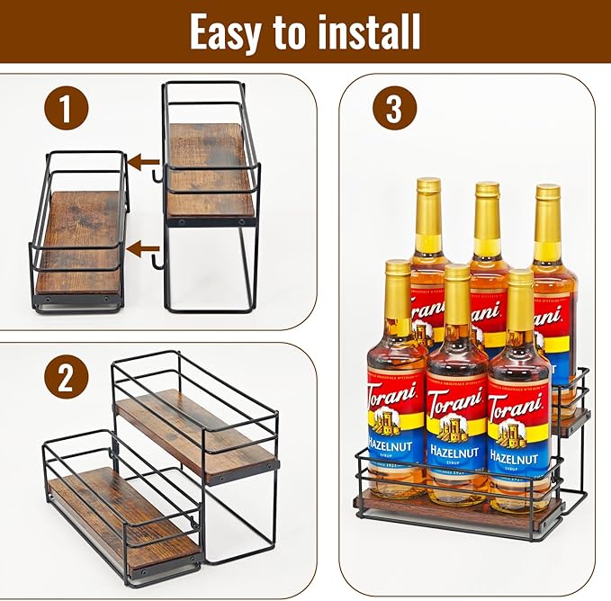 6 Bottle Capacity Coffee Syrup Rack Organizer, 2 Tier Coffee Syrup Stand Shelf, Storage Shelves for Coffee Bar, Small Wine Rack for Bar Family Storage for Syrup Wine Dressing