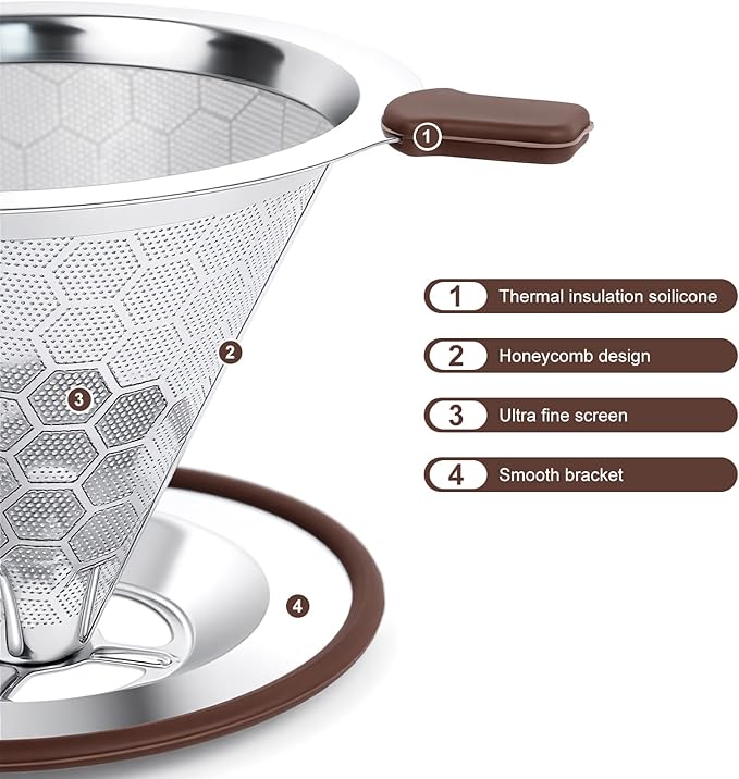 Pour Over Coffee Dripper, Stainless Steel Coffee Filter, Paperless Reusable Coffee Filter, Metal 600 Mesh Strainer Coffee Maker Single Cup Brewer 1-2 Cup