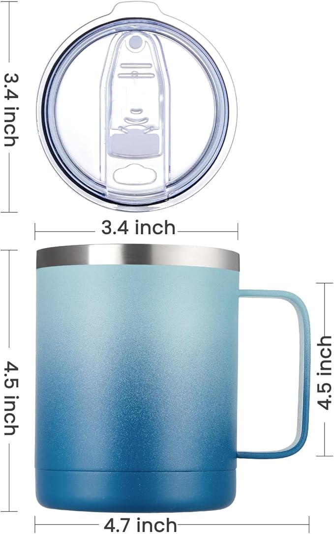 MEWAY 12oz Coffee Mug With Handle and Sliding Lid,Stainless Steel Travel Tumbler Cup with Handle,Double Wall Vacuum Insulated Camping Cup for Hot & Cold Drinks Tea (Blue Waves,Set of 1)