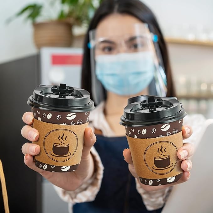 JOLLY PARTY 10oz(100 Pack) Disposable Coffee Cups with Lids, Sleeves and Straws - Paper Coffee Cups with Lids, Hot Cups for Shops, Cafes, and Concession Stands(Dark Brown)