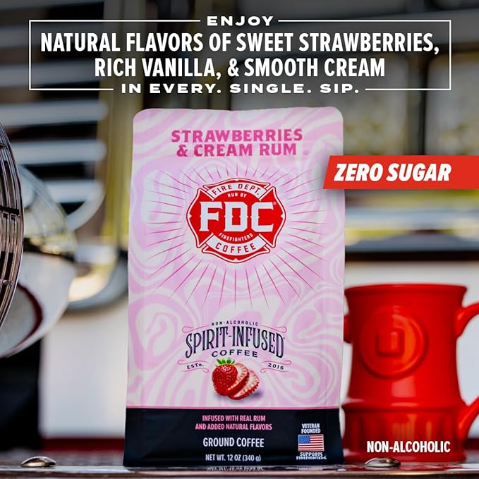 Fire Department Coffee - Gives Back to Firefighters - Strawberries & Cream Rum Infused Whole Bean Coffee - Medium Roast - Non-Alcoholic - Roasted in the USA - Veteran Owned - 12 oz