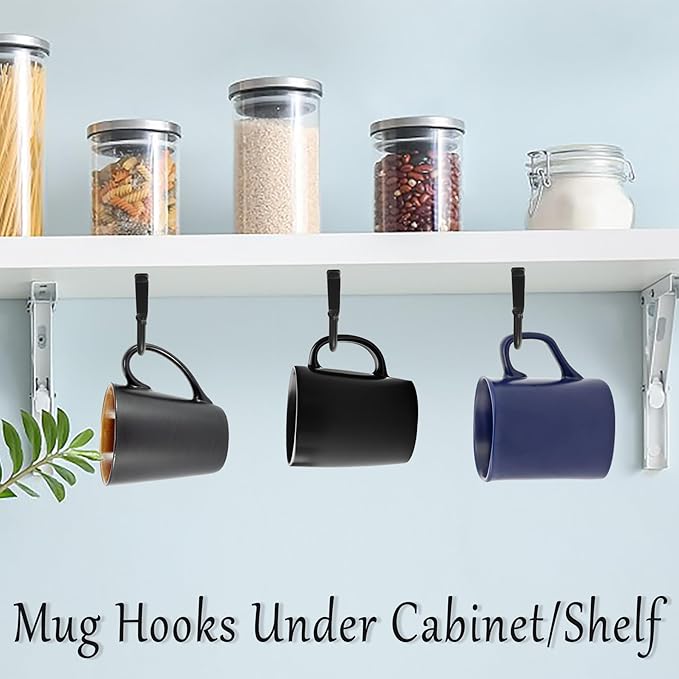 Mug Hook Under Kitchen Cabinet/Shelf 20Pcs Double Prong Ceiling Hanger Hang 40 Coffee Cups Black Display Mug Utensils Holder Rack for Office Cafe Bar Closet Bathroom Laundry Room