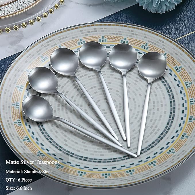 Matt Silver 6.6'' Teaspoons - 6 Piece Stainless Steel Tea Spoons for Home, Kitchen or Restaurant - Dishwasher Safe