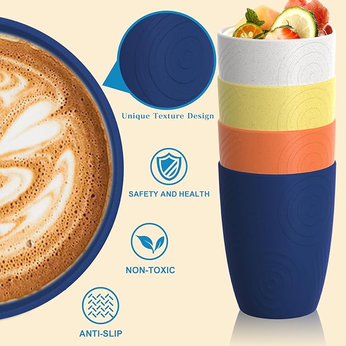 Homienly Wheat Straw Drinking Set of 4, Alternatives to Plastic, Reusable for Kitchen, Kids, Unbreakable Glasses 12 OZ, Dishwasher and Microwave Safe - Mondrian Colors