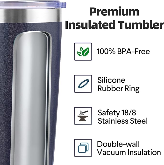 Volhoply 20oz Stainless Steel Tumbler with Lid and Straw,Double Wall Insulated Travel Iced Coffee Mug Fits Car Cup holder,Powder Coated Cups for Hot and Cold Drinks,Gifts for Women Men（Navy,1 Set）
