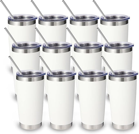 Volhoply 20oz Stainless Steel Tumbler with Lid and Straw Bulk 12 Pack,Double Wall Insulated Travel Iced Coffee Mug Fits Cup holder,Powder Coated Cups for Hot/Cold Drinks,Christmas Gifts（White,12 Set）