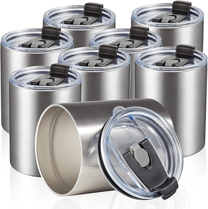 MEWAY 12oz/8Pack Coffee Mug With Lid, Insulated Stainless Steel Reusable Coffee Cup, Double Wall Durable Coffee Mug, Powder Coate，For Coffee, Beer, Home, Office(Silver,8 Pack)