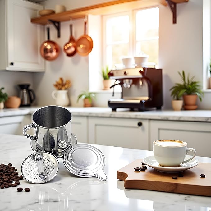 Silver Vietnamese Coffee Filter Stainless Steel Pot Drip Infuse Cup Brewing Teapot No Need Paper Drip Coffee Pot Machine Filter for Home Kitchen Office Outdoor ﻿
