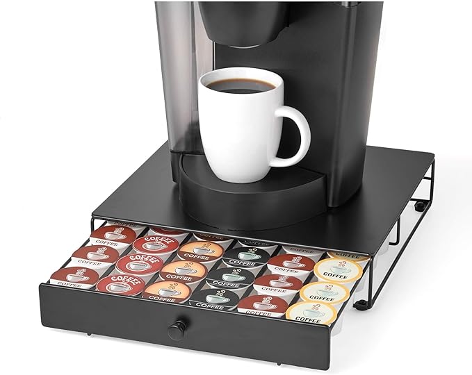 Nifty Coffee Pod Drawer – Compatible with K-Cups, 36 Pod Pack Holder, Non-Rolling, Compact Under Coffee Pot Storage Sliding Drawer, Home Kitchen Counter Organizer, Black