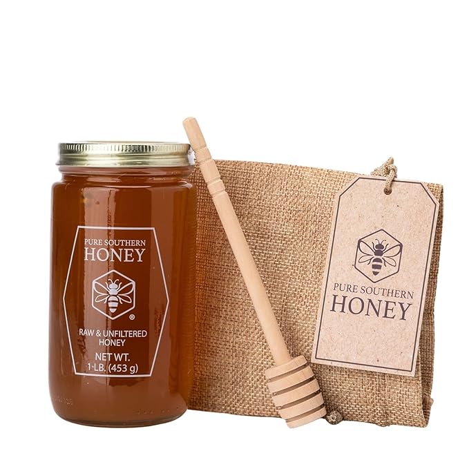 100% Authentic, USA - Made Raw Unfiltered Gourmet Honey Gift Set with Dipper by Pure Southern Honey [ 1 lb] - Unheated - Non - GMO, No Additives, All - Natural Sweetener- Environmental-Friendly Glass Jar