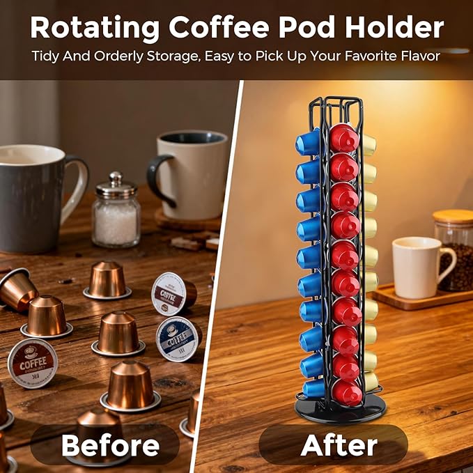 Coffee Pod Holder Compatible with Nespresso Original – 40 Pod Carousel Storage Stand, 360° Rotating Coffee Capsule Organizer, Space-Saving Countertop Holder for Coffee Lovers (Black)
